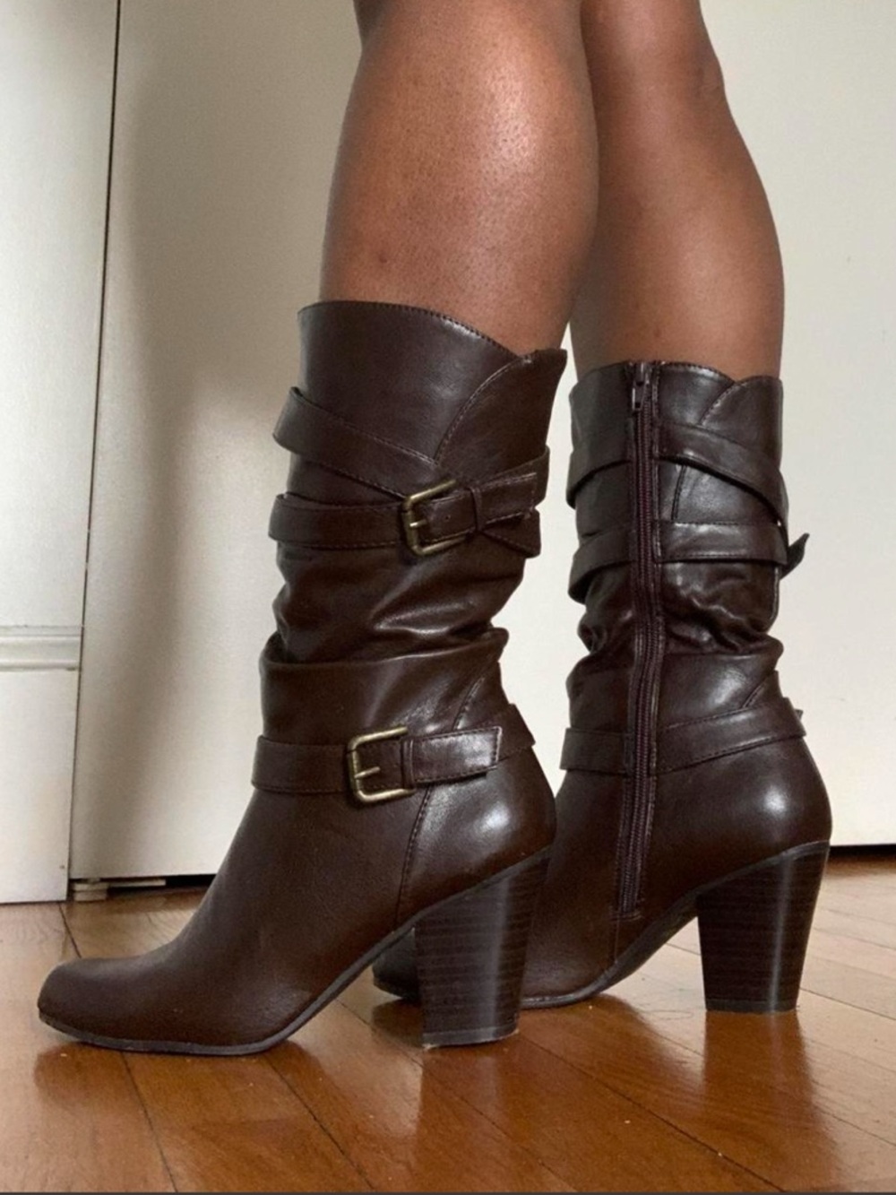 Women’s Brown Mid-Calf Leather Heeled Boots